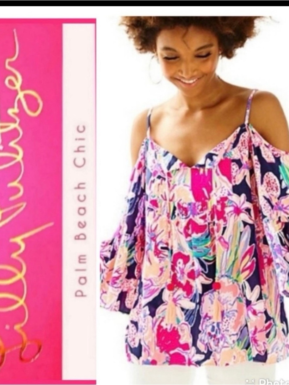 Lilly Pulitzer Alanna Pink & Navy Floral Cold-Shoulder peek shoulder Top Sz sm